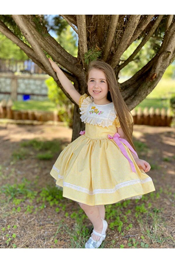 Linarookids Sarı Kareli Vintage Kız Bebek Elbisesi,Doğum günü,fotoğraf çekim elbise,0-12 Yaş Uygun