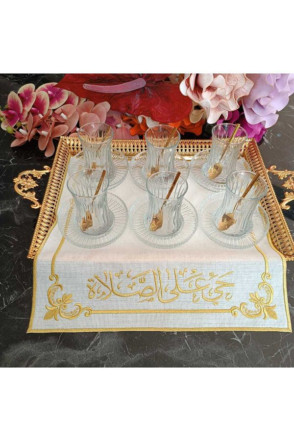 LASETU-Hayyeales-salâh غطاء صينية شاي مكتوب باللغة العربية، منديل تقديم وعرض، قطعة واحدة مقاومة للبقع 1