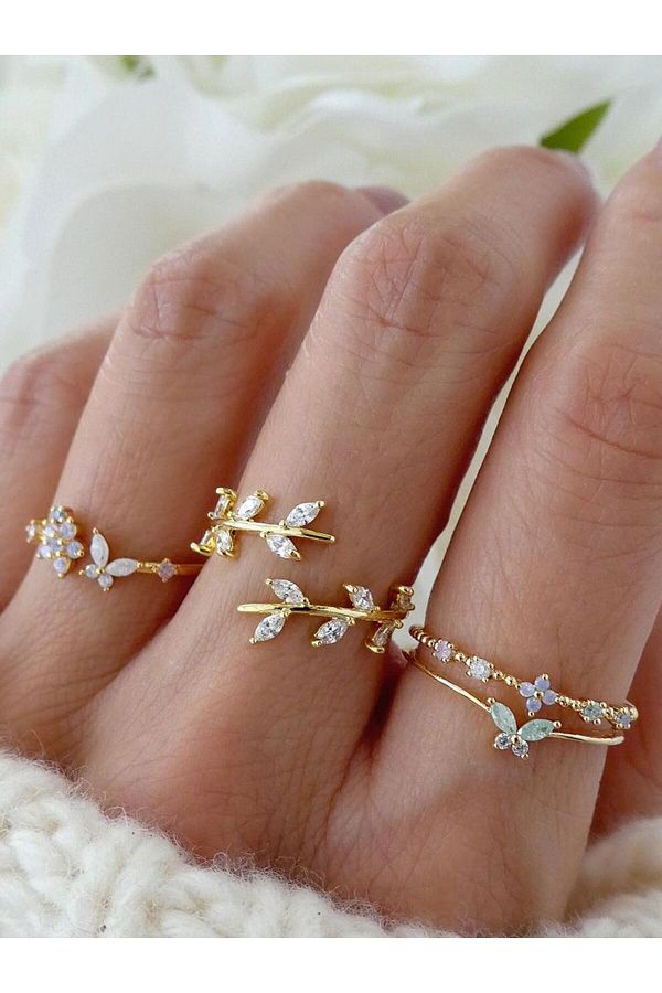 Choice FNIO Fashion Crystal Leaves Rings for Women Girl Butterfly Flower Rings Set Birthday Gifts Jewelry Trendyol