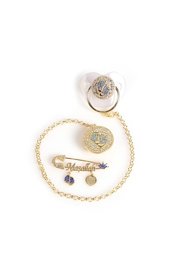 Sahi Aksesuar Kaplama Kristal Taşlı, Mavi Ayak Figürlü 3'lü Silikon Emzik Zinciri Seti