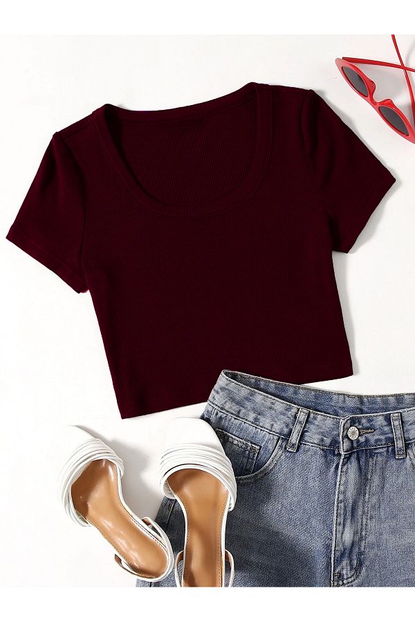 Mad&Calf-U-Neck Ribbed Women's Crop Top - Basic Cotton 1