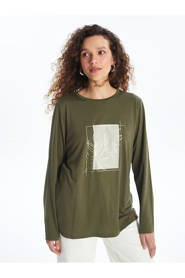 LC Waikiki-Langärmliges Damen-T-Shirt mit Rundhalsausschnitt – bedruckt 1