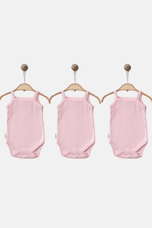 Bamoola %100 Organik Pamuklu Düz Pembe 3'lü Atlet Body Zıbın - Askılı - Çıtçıtlı