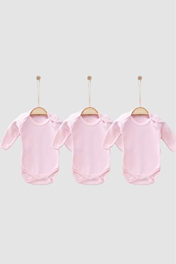 Bamoola %100 Organik Pamuklu Düz Pembe 3'lü Atlet Body Zıbın - Uzun Kollu - Çıtçıtlı