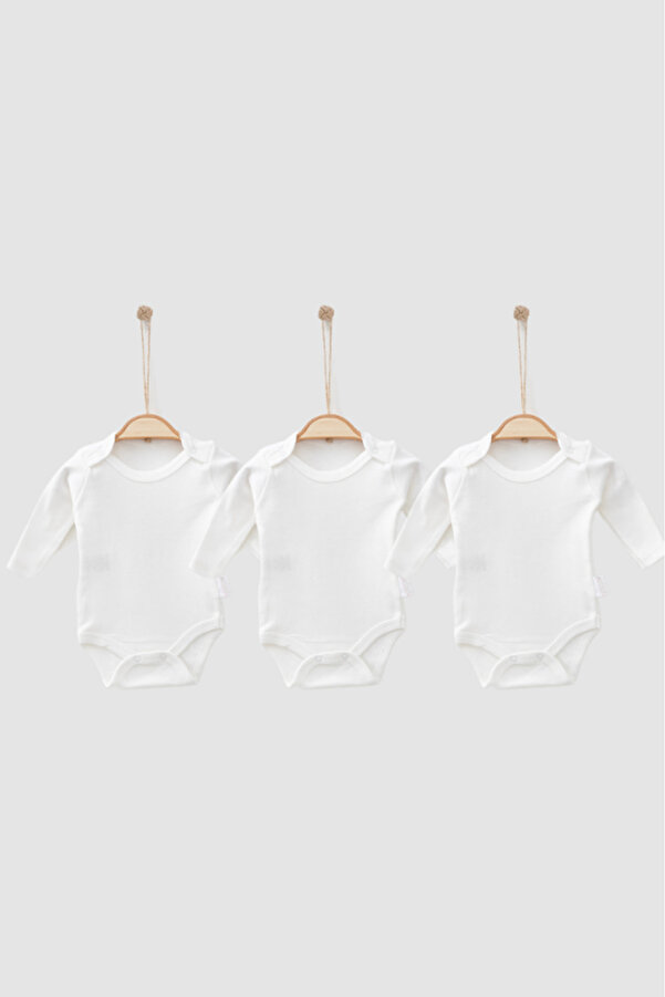 Bamoola %100 Organik Pamuklu Düz Beyaz 3'lü Atlet Body Zıbın - Uzun Kollu - Çıtçıtlı
