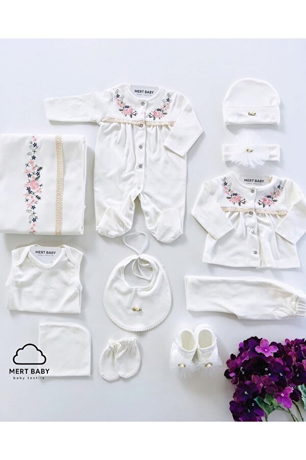 Mert Baby Sıralı Çiçekli 10'lu Organik Hastane Çıkış Seti %100 Pamuk Yenidoğan Kız Bebek