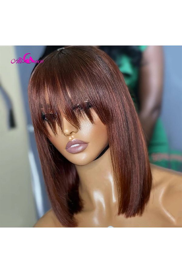 Choice Short Bob 180 Density Ebony Brown Human Hair Wigs With Bangs Full Machine Made Brazilian Remy Wigs Trendyol