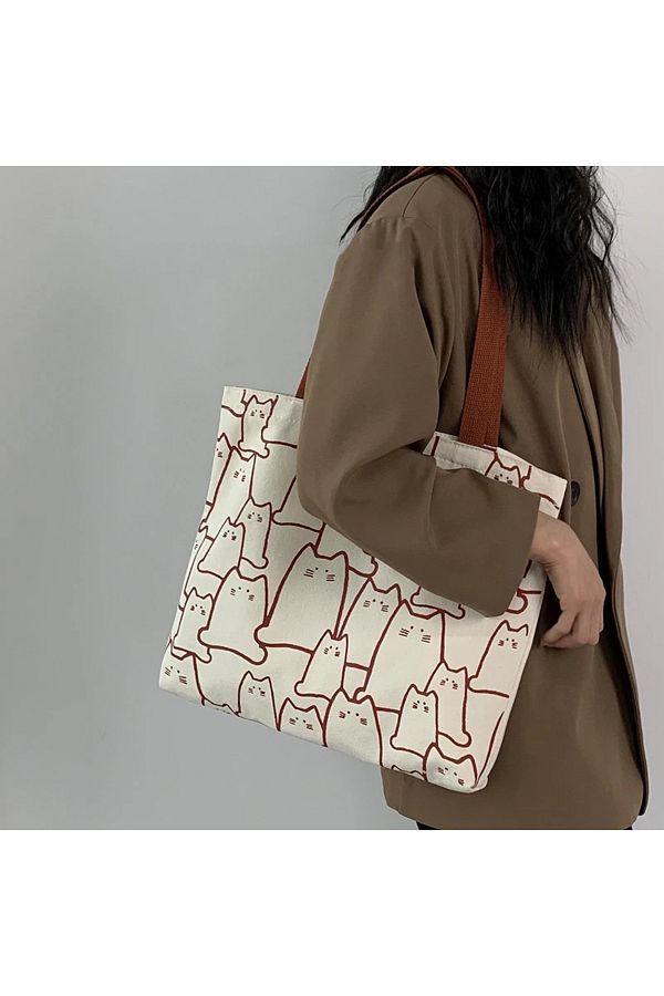 Choice Canvas Bags Handbag for Women Shopper Cute Cat Tote Bag with Zipper Designer Bag Japanese Style C. Trendyol