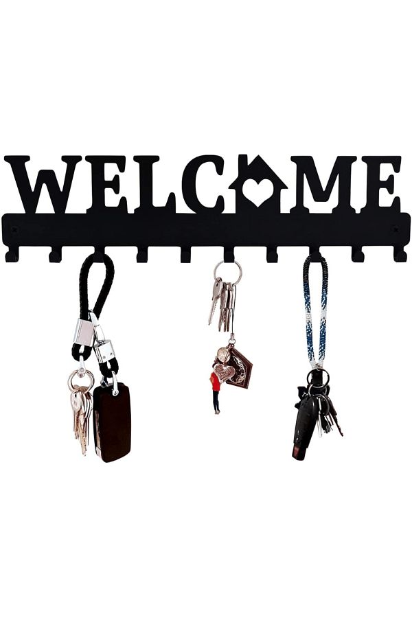 Choice 10 Hooks Key Holder For Wall Black Metal Keys Holder Decorative Wall Mounted WELCOME Design Style. Trendyol