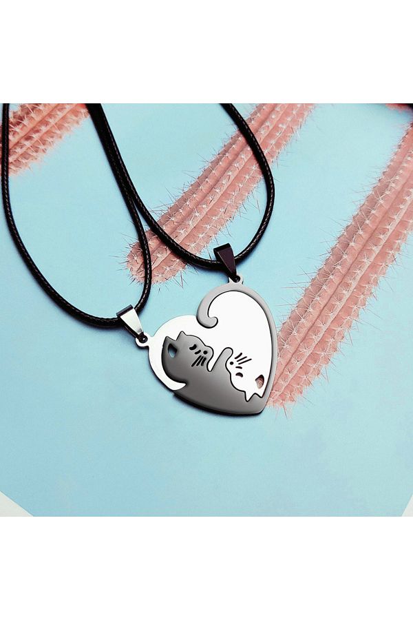 Choice Stainless Steel Love Heart Round Yin Yang Pendant Necklaces Cute Hug Cat Couple Necklace Trendyol
