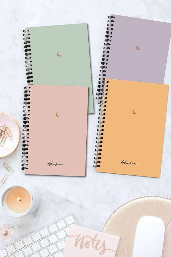 AKILLICA-Set of 4 Unlined Notebooks 13 X 20 Cm 56 Sheets Cardboard Cover Spiral Notebook Notebook Moon Series 1