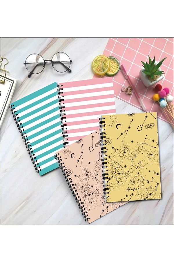 AKILLICA-Set of 4 Lined Notebooks 13 X 20 Cm 56 Sheets Cardboard Cover Spiral Notebook Notebook Line Sky Series 1
