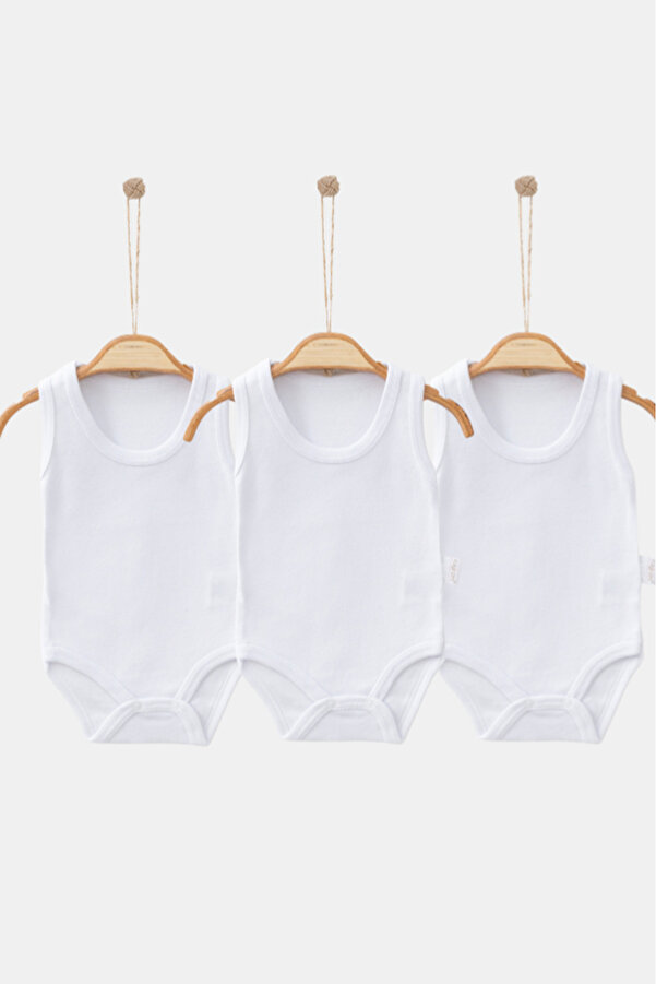 Bamoola %100 Organik Pamuklu Düz Beyaz 3'lü Atlet Body Zıbın - Askılı - Çıtçıtlı