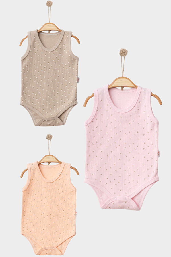 Bamoola %100 Organik Pamuklu Çiçek Desenli 3'lü Atlet Body Zıbın - Askılı - Çıtçıtlı