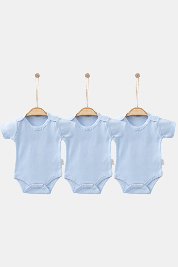 Bamoola %100 Organik Pamuklu Düz Mavi 3'lü Atlet Body Zıbın - Kısa Kollu - Çıtçıtlı