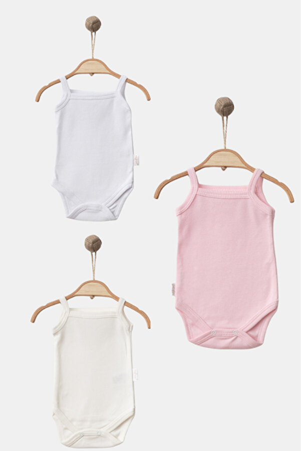 Bamoola %100 Organik Pamuklu Düz Kız 3'lü Atlet Body Zıbın - Askılı - Çıtçıtlı (Pembe - Krem - Beyaz)