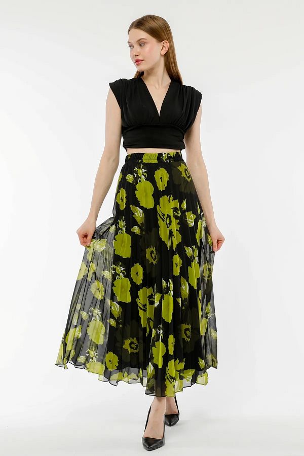 Modabenna-Pleated and Patterned Chiffon Skirt - Elastic Waist MB0001 1