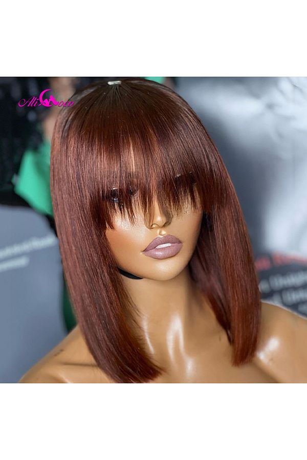 Choice Short Bob 180 Density Ebony Brown Human Hair Wigs With Bangs Full Machine Made Brazilian Remy Wigs Trendyol