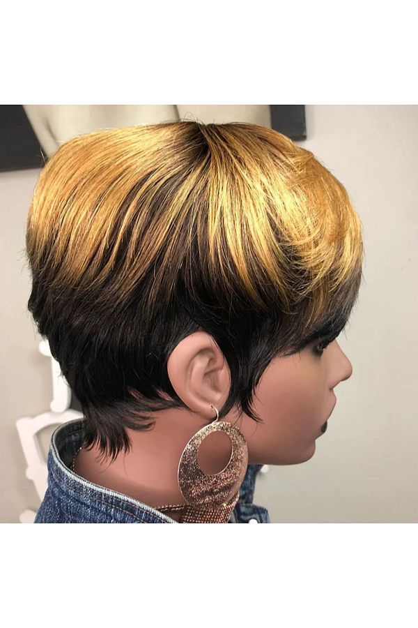 Choice Pixie Cut Wigs for Black Women Human Hair Short Bob Wigs with Bangs Black Mixed Brown Highlight C. Trendyol