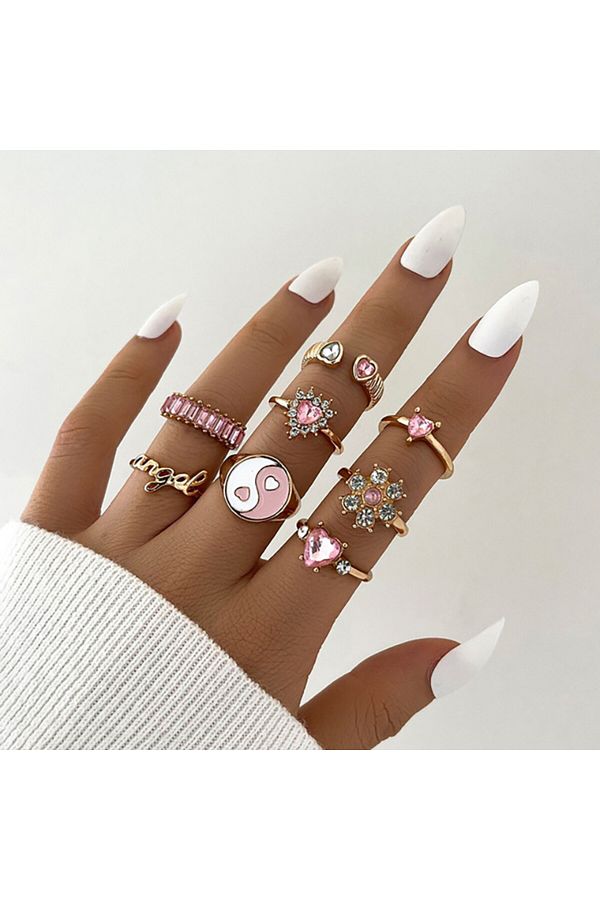 Choice New Green Crystal Heart Kunckle Rings Set For Women Enamel Yin Yang Geometric Finger Ring Girls F. Trendyol