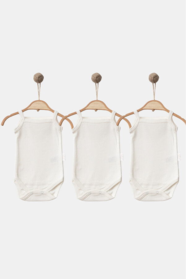 Bamoola %100 Organik Pamuklu Düz Krem 3'lü Atlet Body Zıbın - Askılı - Çıtçıtlı