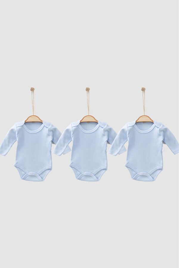 Bamoola %100 Organik Pamuklu Düz Mavi 3'lü Atlet Body Zıbın - Uzun Kollu - Çıtçıtlı