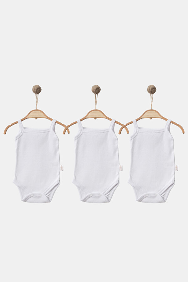 Bamoola %100 Organik Pamuklu Düz Kırık Beyaz 3'lü Atlet Body Zıbın - Askılı - Çıtçıtlı