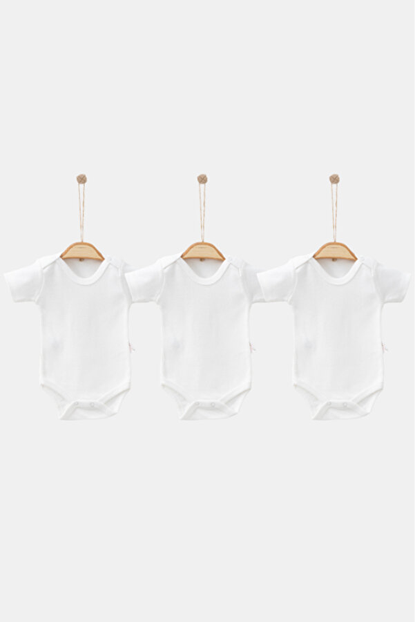 Bamoola %100 Organik Pamuklu Düz Beyaz 3'lü Atlet Body Zıbın - Kısa Kollu - Çıtçıtlı