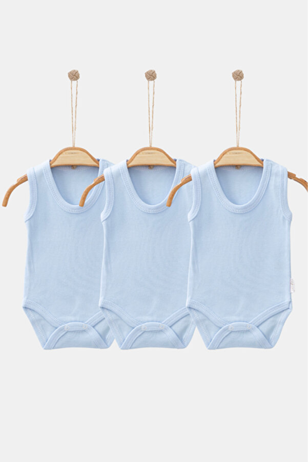 Bamoola %100 Organik Pamuklu Düz Mavi 3'lü Atlet Body Zıbın - Askılı - Çıtçıtlı