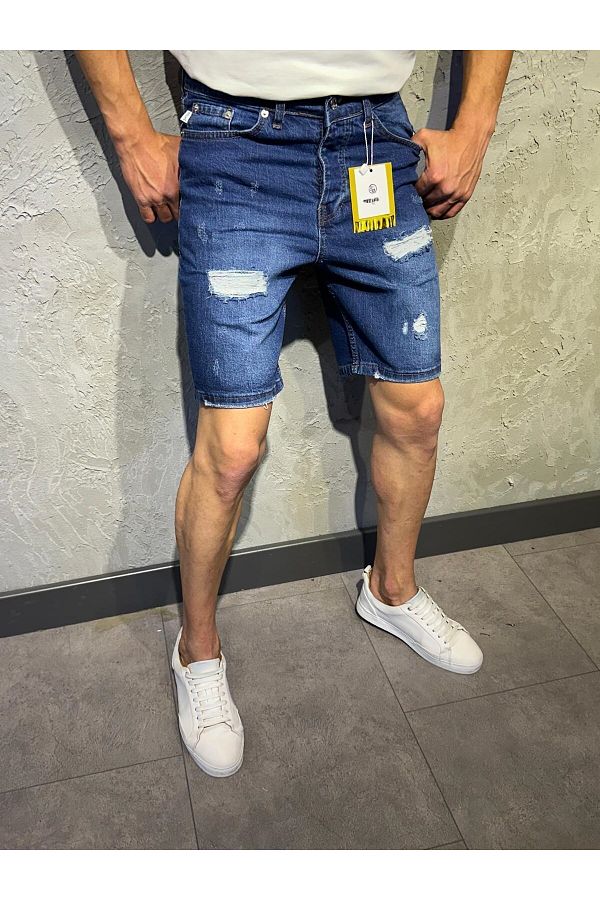 Oliggopol-Ανδρικό τζιν σορτς μπλε Lycra Slim Fit 1