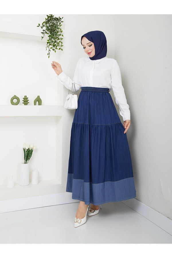 Doque Women s Slim Woven Long Denim Skirt Elastic Waist 52014 Trendyol