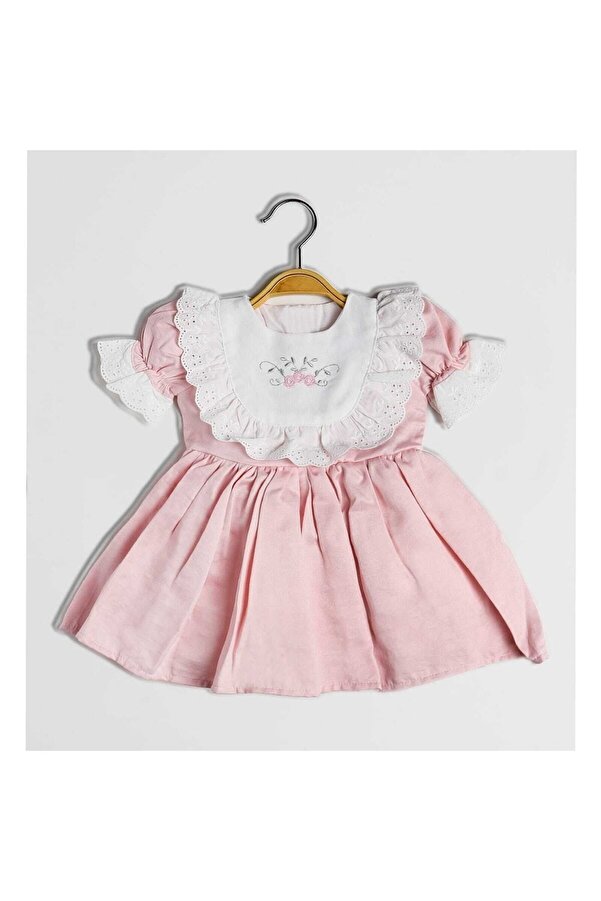 Şirin Şeyler Butiği Isabella Kısa Kol Kız Çocuk Fistolu Çiçek Nakışlı Tül Astarlı Prenses Vintage Pudra Pembe Elbise