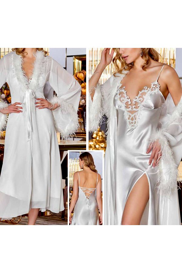 secret night Satin Nightgown Dressing Gown Set 2 Pieces White Nightgown Set with Laced Sleeves and Furry Back String Trendyol