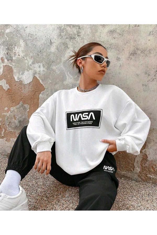 Deocept NASA Printed Oversize Tracksuit Set White Black Sax Red Crew Neck Trendyol