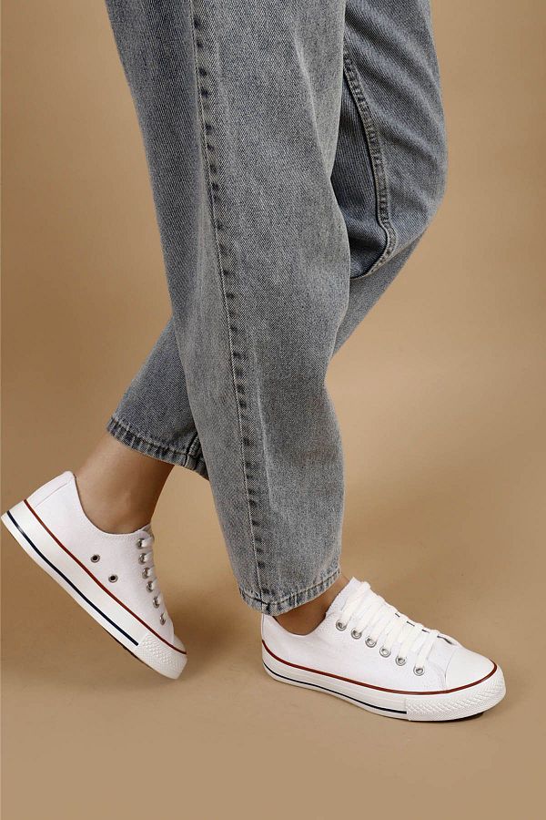 GÖNDERİ(R)-White Linen Laced Women's Linen Casual Sports Flat Sole Sneaker 35222 1
