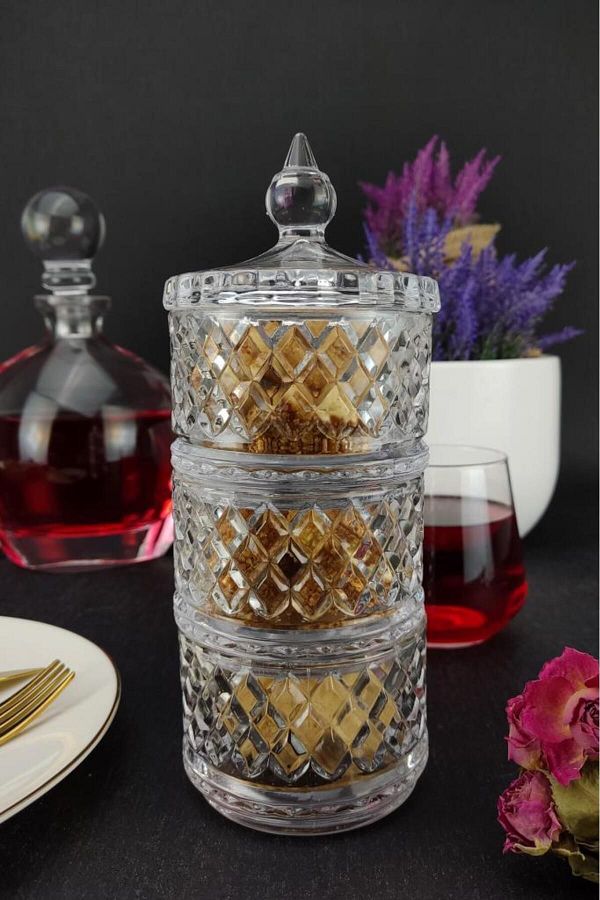 Digithome-Footed 3-Layer Glass Presentation Cookie Holder and Sugar Bowl 21 Cm - Ku.mkz.003 C1-1-288 1