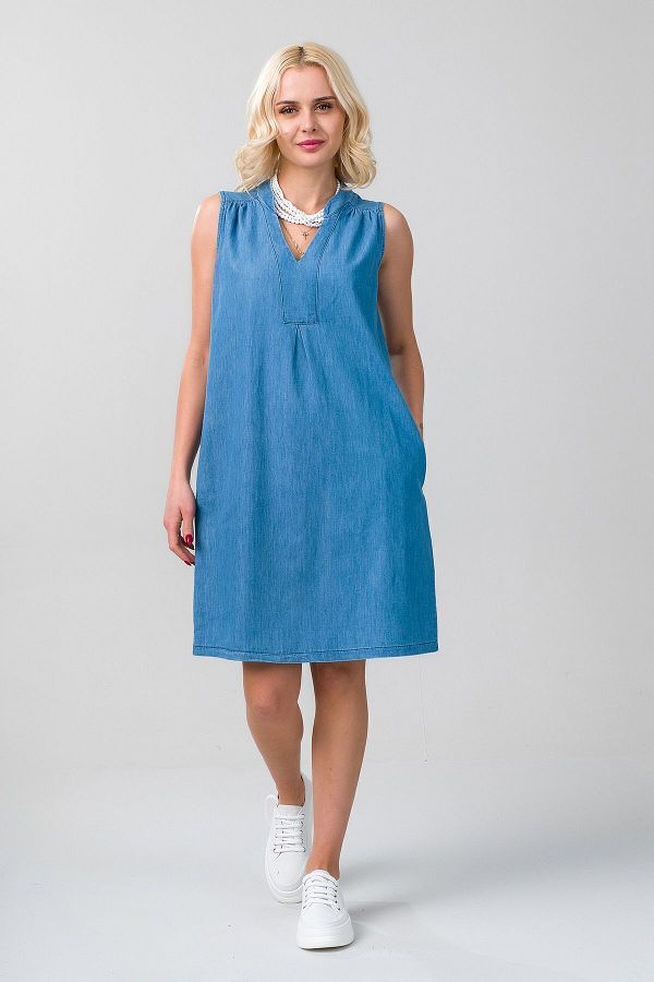 Bold & Young-Rochie de damă subțire din denim, din bumbac spălat, albastru deschis, cu buzunare 1