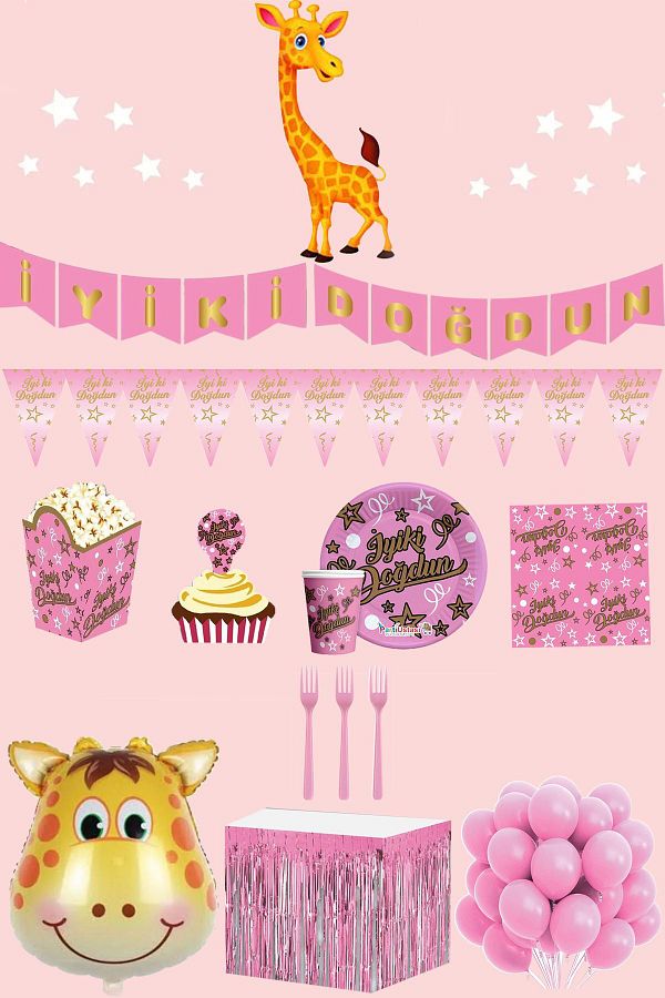Party Time-Giraffe Pink Happy Birthday Luxury Birthday Party Supplies Set for 8 People 1
