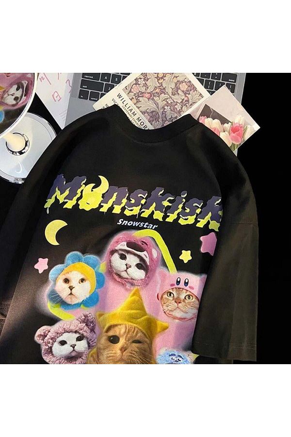 Toum-Enya Jewelry Cute Cat Printed Oversize T-Shirt 1