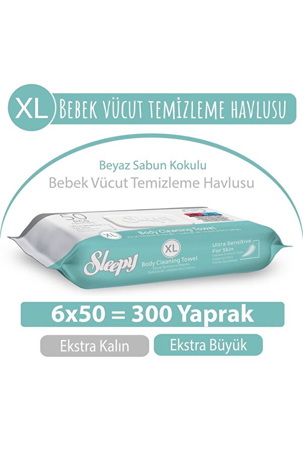 Sleepy Xl Beyaz Sabun Kokulu Bebek Vücut Temizleme Havlusu 6X50 (300 Yaprak)
