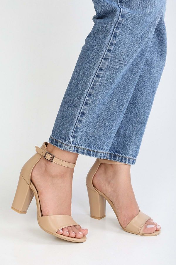 Shoeberry Glamm Women s Nude Colored Single Strap Thick Heel Shoes Trendyol
