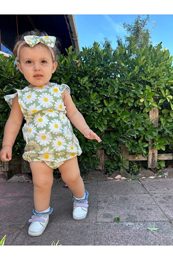 BAHNUR Bebek Yeşil Çiçekli Romper Salopet Tulum Ve Bandana Seti Takımı