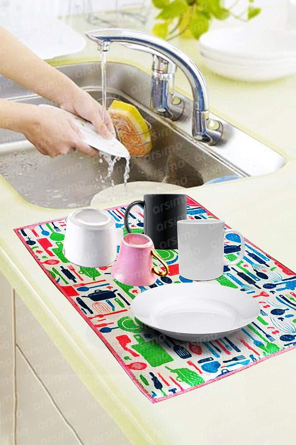 Arsimo Patterned Microfiber Dish Drying Mat Kitchenware Patterned Dish Mat 35x40 Cm Pink Trendyol