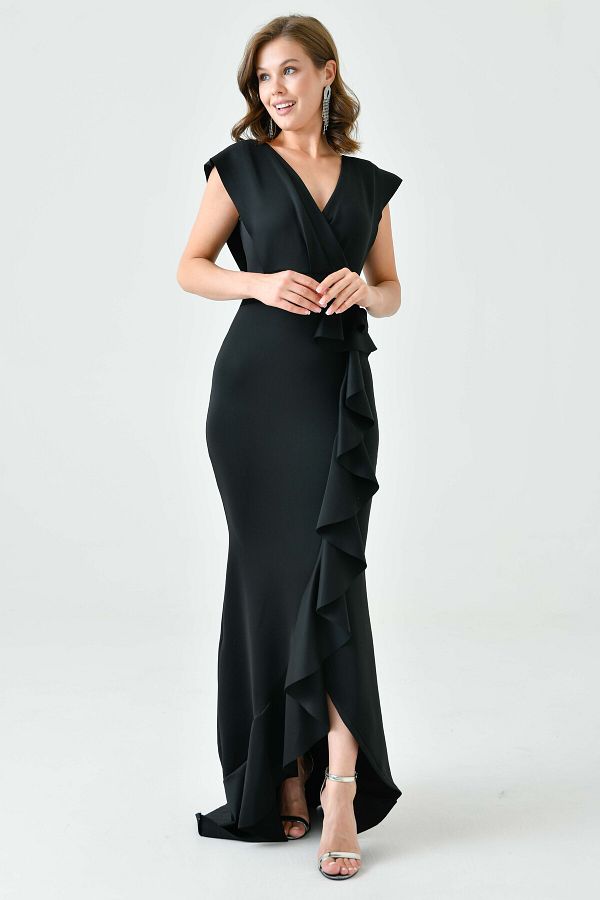 vuvutasarım-Flexibles, zweireihiges, kragenförmiges, Volant-Detail, schwarzes Maxi-Abendkleid 582443 1