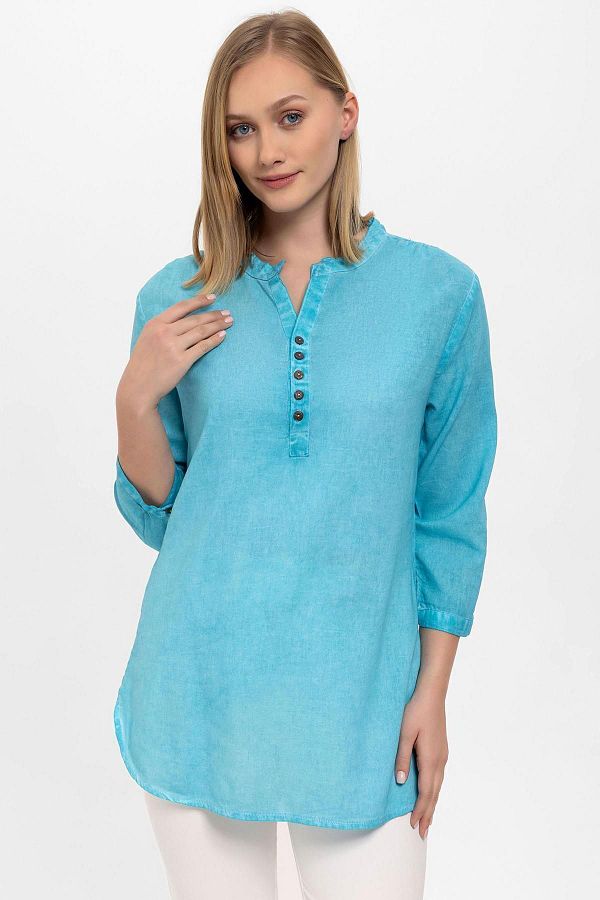 Deriderim-Crew Neck Blue Cotton Blouse - Three Quarter Sleeve and Button 1