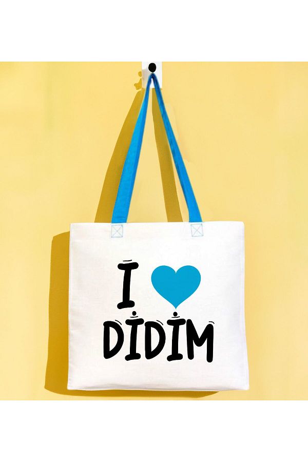 Bk Gift-Didim Turquoise Handle Gabardine Cloth Bag - 40x35cm, Printed Shoulder Bag, Shopping 1