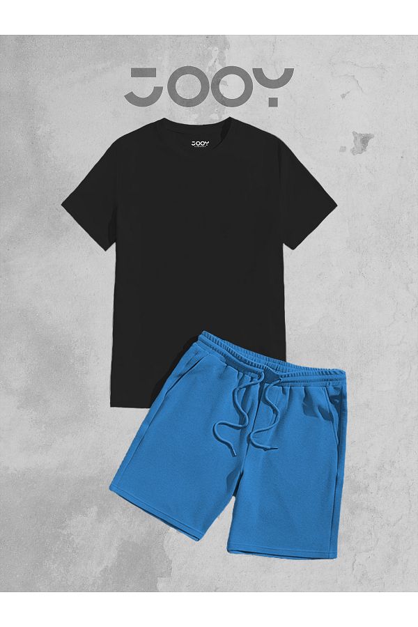 Jooy Company Oversize Black T Shirt and Blue Combed Cotton Shorts Set Trendyol