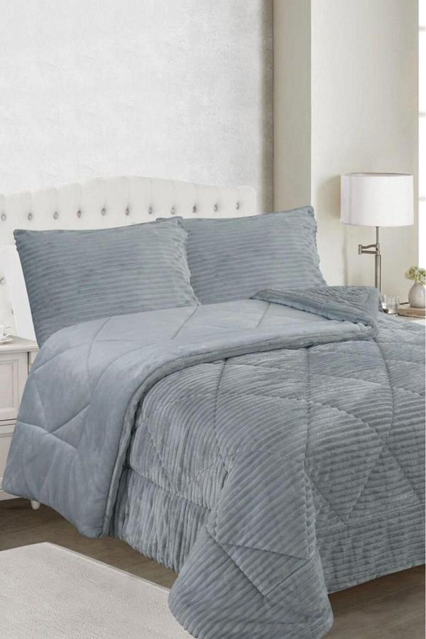 Çeyiz Diyarı-Ece Stripe Double Plush Bedspread Gray 1