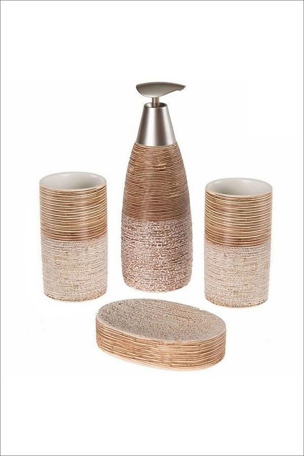 Pinkev-4 Piece Ceramic Liquid Soap Bath Set - Brown 1