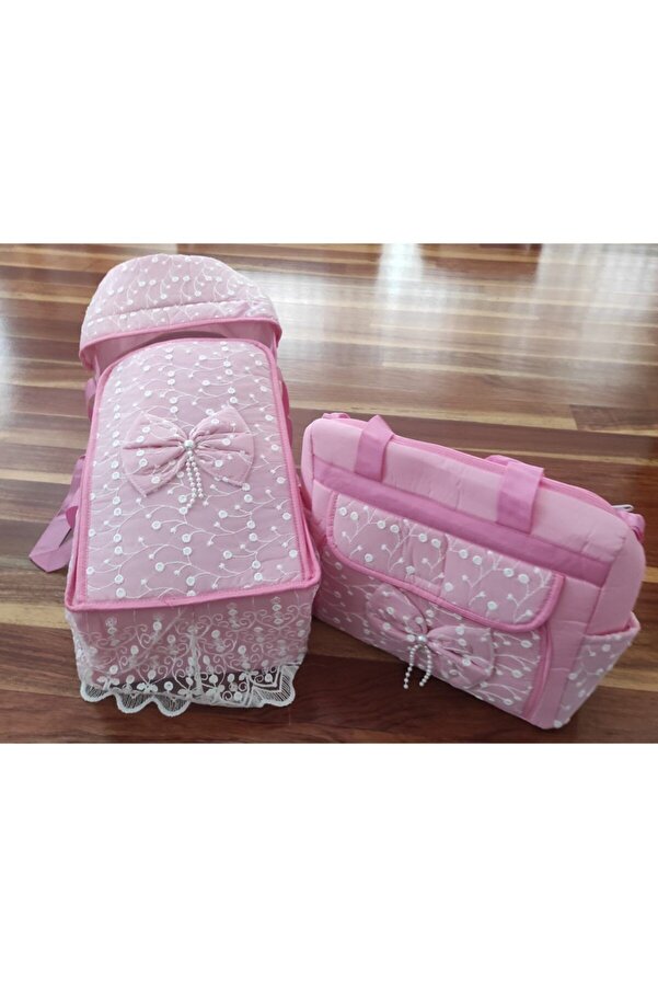 ÖZBEBİŞİM Dantelli Lüks Pembe Ana Kucağı Ve Çantası